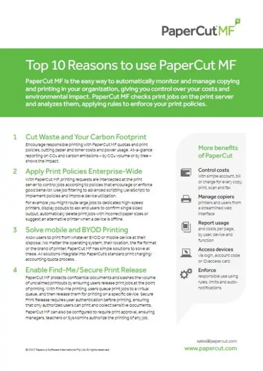 Top 10 Reasons, Papercut Mf, Quality Business & Top Business Solutions